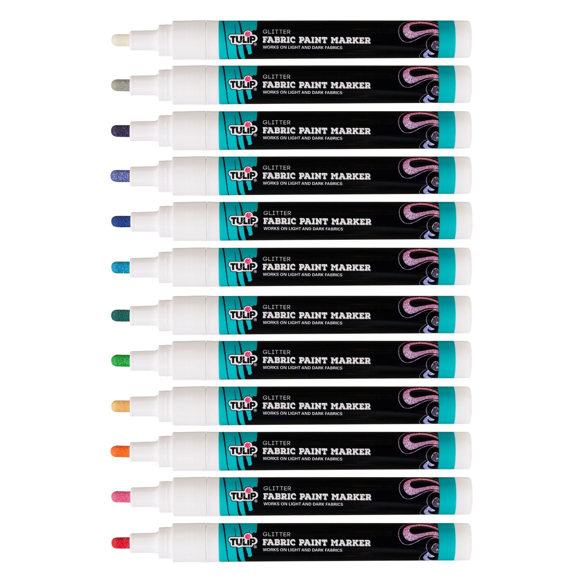Picture of 49923 Tulip Bullet-Tip Glitter Fabric Paint Markers Rainbow 12 Pack